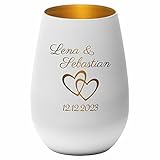 4you Design Windlicht zur Hochzeit personalisiert, Motiv Herz 2 Namen, Datum graviert (Metall-Weiß-Gold), Hochzeitsgeschenk für das Brautpaar, Teelichthalter zur Trauung, Jahrestag, Jubiläum